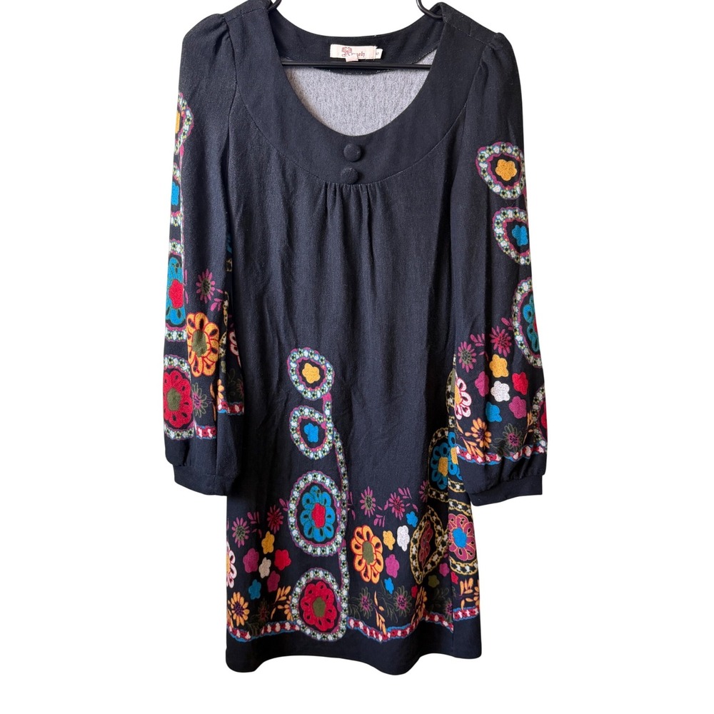 Aryeh Black Long Sleeve Boho Floral Mini Dress Women's Size S‎